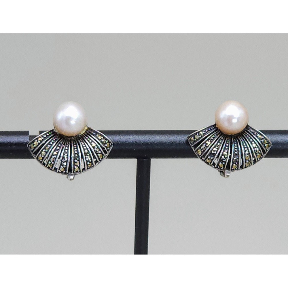 Signed TF Theodor Fahrner Clip on Earrings Pearl Marcasite Stone Fan 900 Silver - Picture 13 of 13